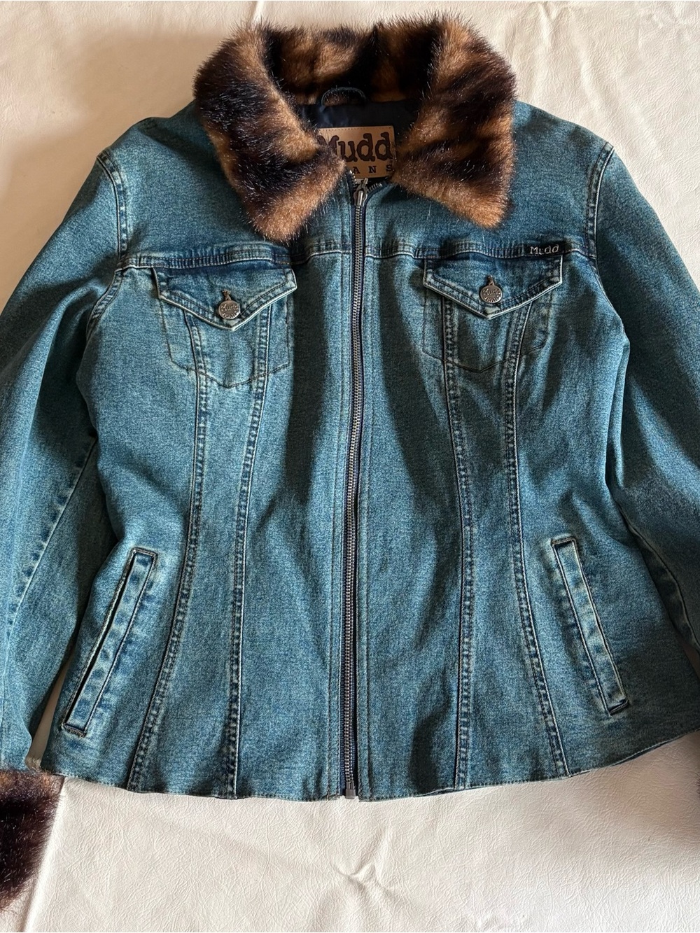 Mudd Teal Denim Jacket with Brown Faux Fur Collar - Girls Size Large